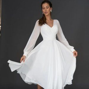 Chiffon Tea Length White Dress with Sleeves